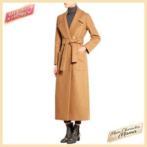 Wool Blend Pea Coat with Belt, Notch Lapel, Double Breasted, Ankle Length